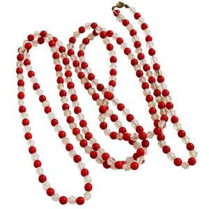VTG Art deco‎ Czech Glass Beaded Flapper Necklace Red Clear Beads Long 56" 1920s